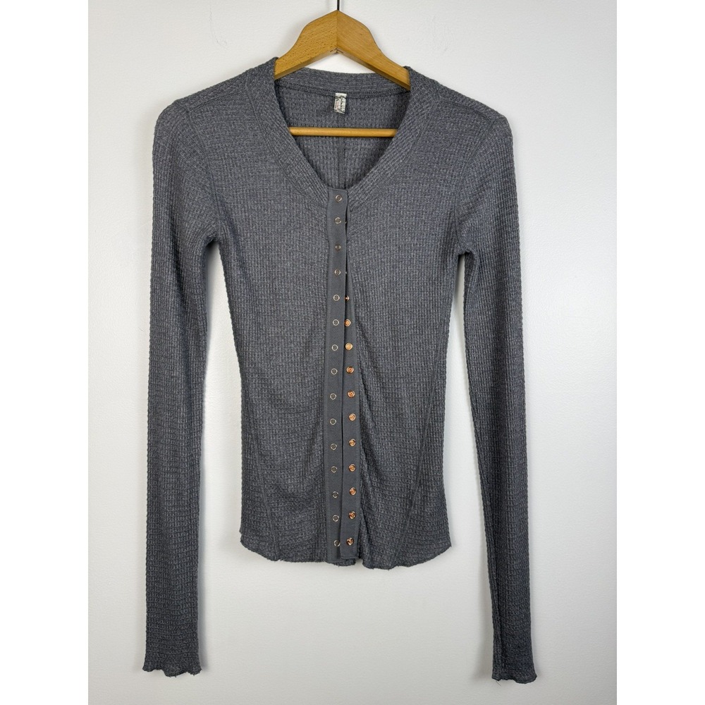 Free People Going Places Cardigan Women's XS Gray Rose Gold Snap Front Waffle